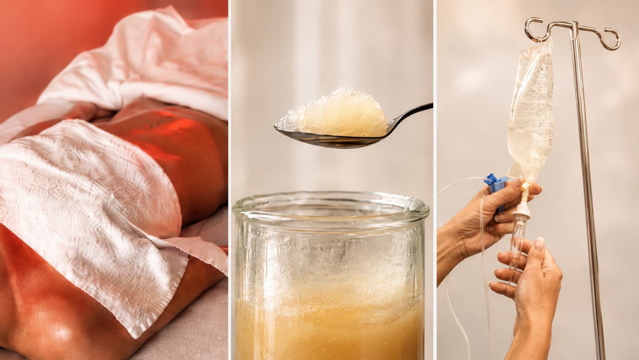 Red-light therapy on a person draped in white towels, a spoonful of pale supplement granules held over a glass jar of golden liquid, and hands fitting a line to an IV bag on a stand